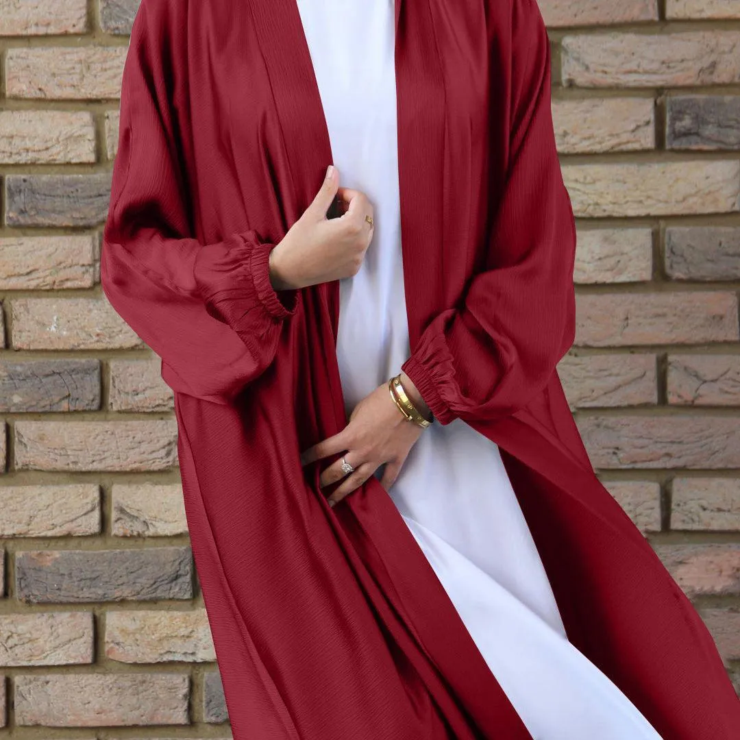 MOA048 Satin Bunched Sleeve Open Abaya