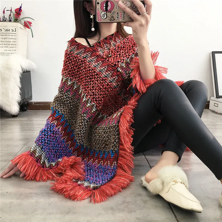 National Hood Shawl Knitted Spring and Summer Jacket Horse Sea Hair Tassel Scarf Coat Women Long Shawl Leisure