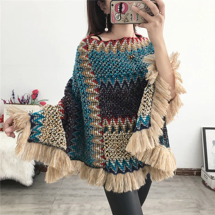 National Hood Shawl Knitted Spring and Summer Jacket Horse Sea Hair Tassel Scarf Coat Women Long Shawl Leisure