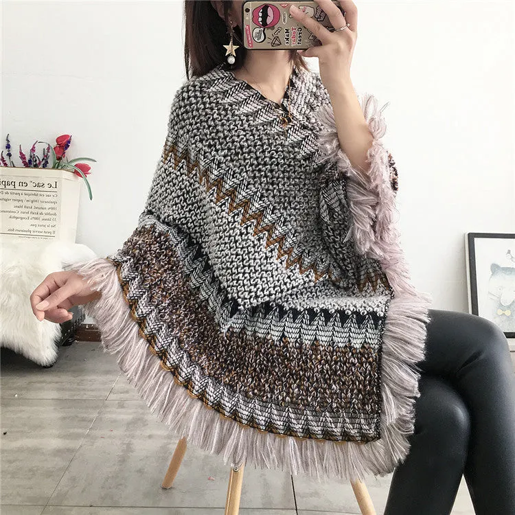 National Hood Shawl Knitted Spring and Summer Jacket Horse Sea Hair Tassel Scarf Coat Women Long Shawl Leisure