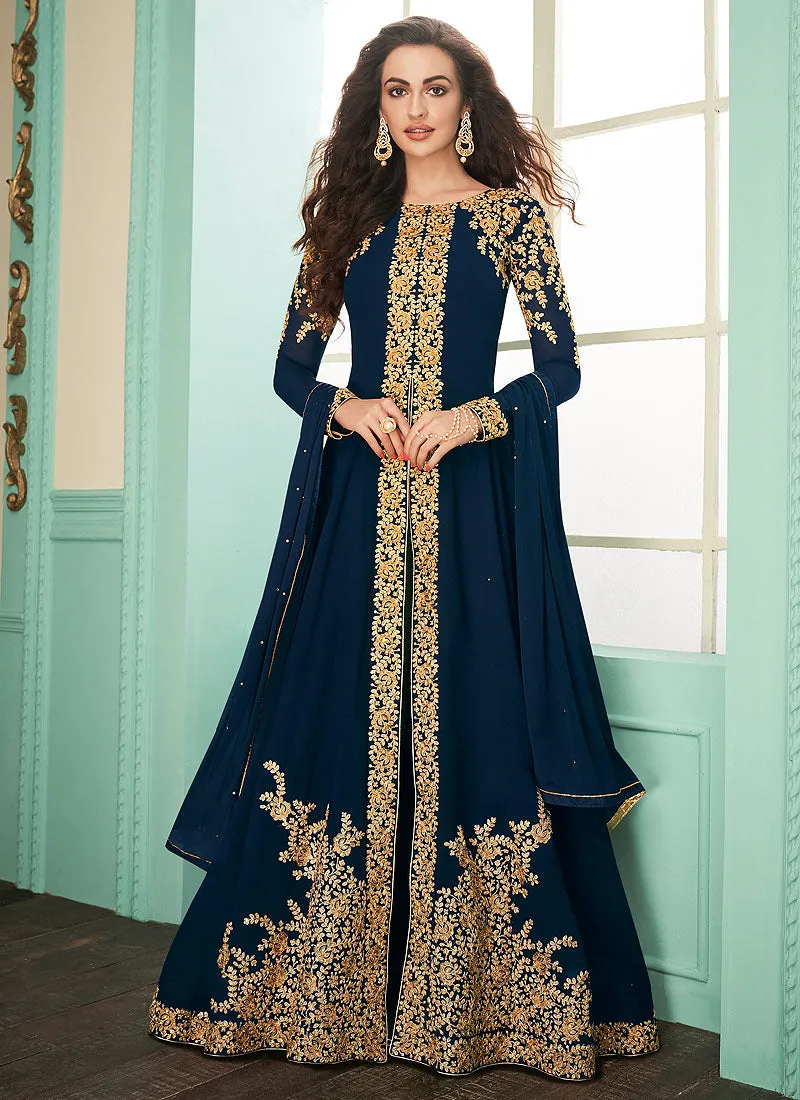 Navy Blue Slit Style Embroidered Anarkali Suit