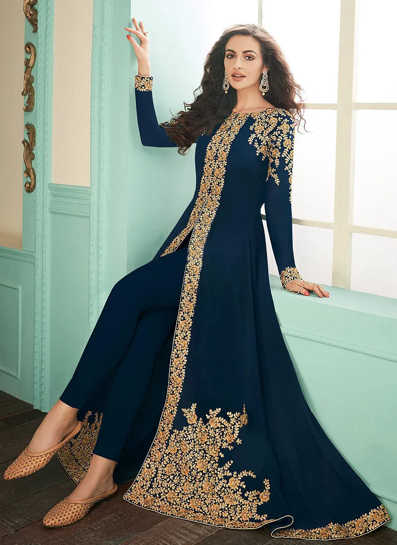 Navy Blue Slit Style Embroidered Anarkali Suit