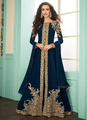 Navy Blue Slit Style Embroidered Anarkali Suit