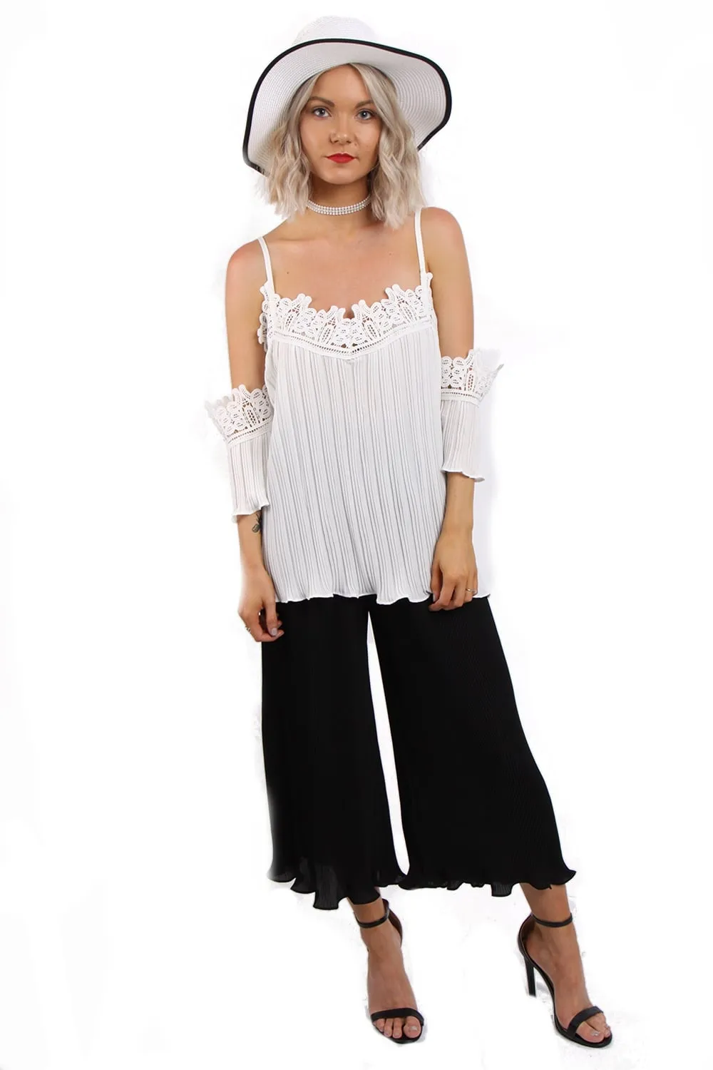 Off The Shoulder Lace Pleated Top