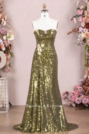 Olive Strapless Sparkly Sequin Ruched Slit Prom Dress