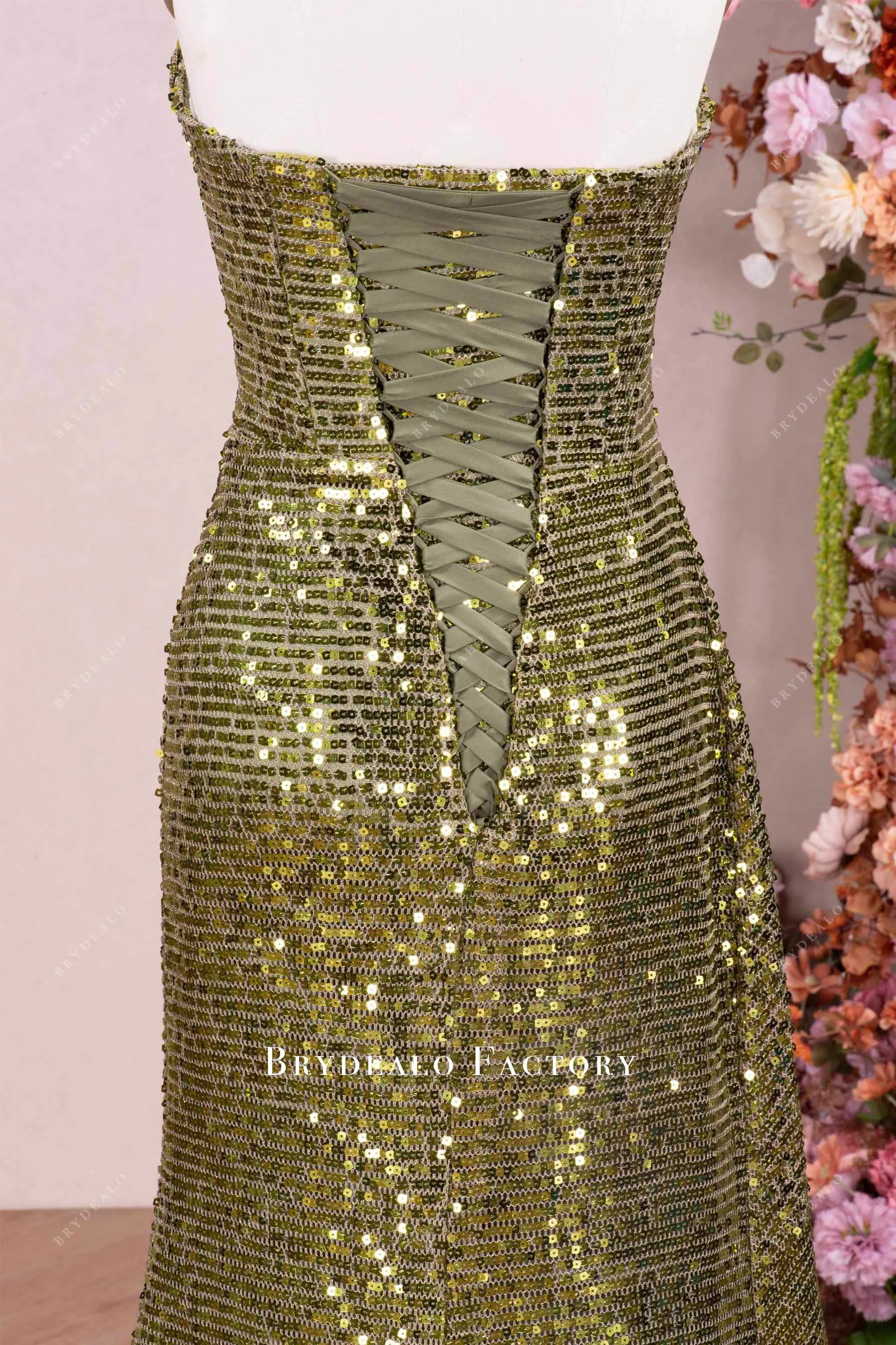 Olive Strapless Sparkly Sequin Ruched Slit Prom Dress