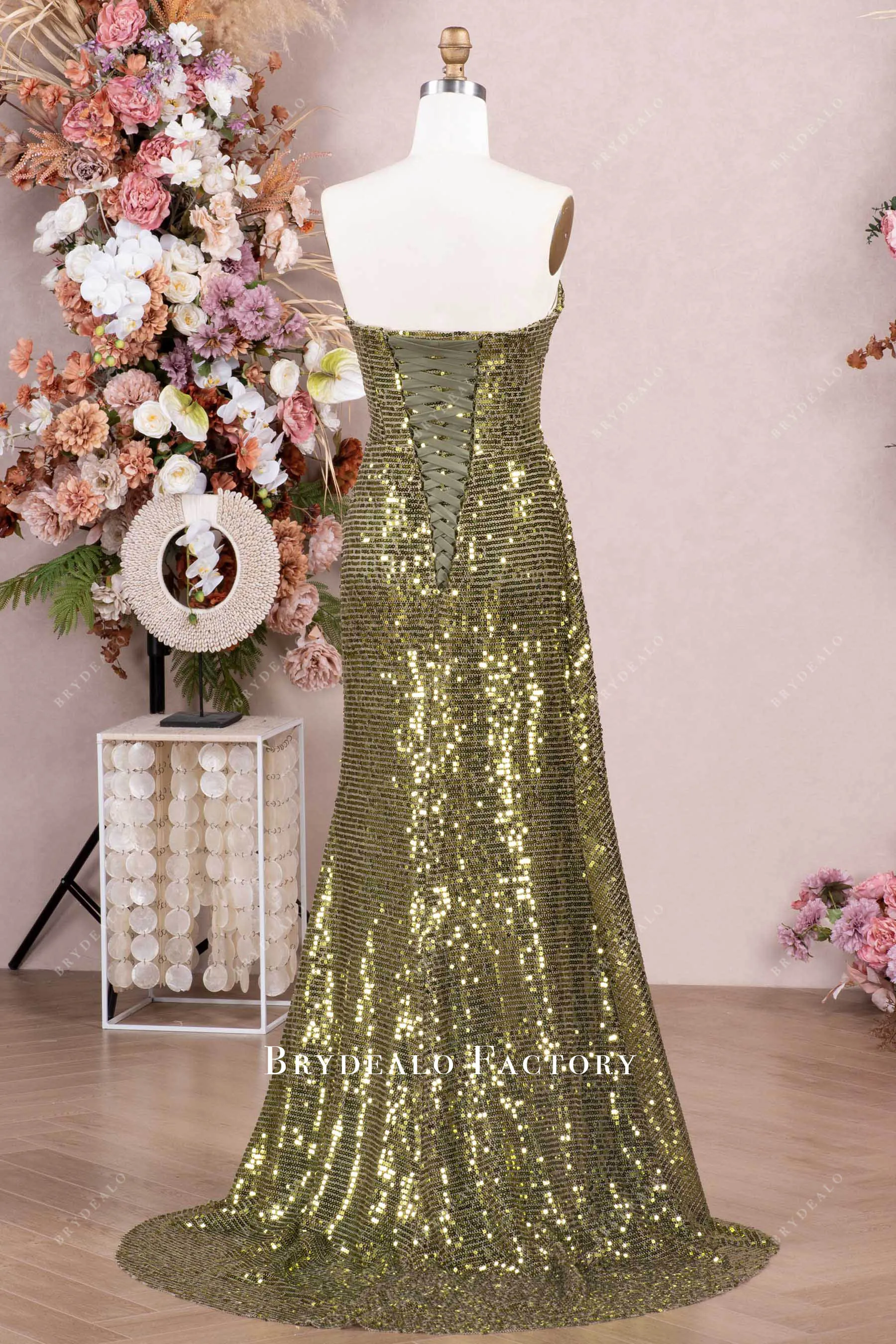 Olive Strapless Sparkly Sequin Ruched Slit Prom Dress