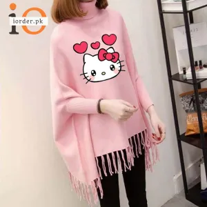 Pink Kitty Printed Poncho