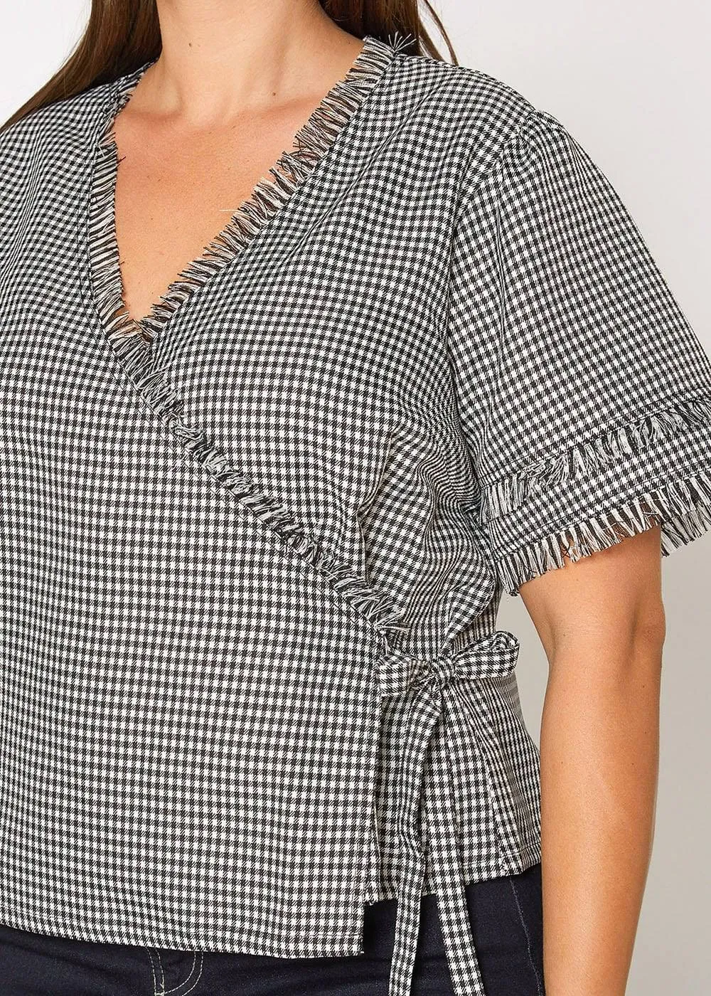 Plus Size Fringe Trim Wrap Blouse in Black Gingham