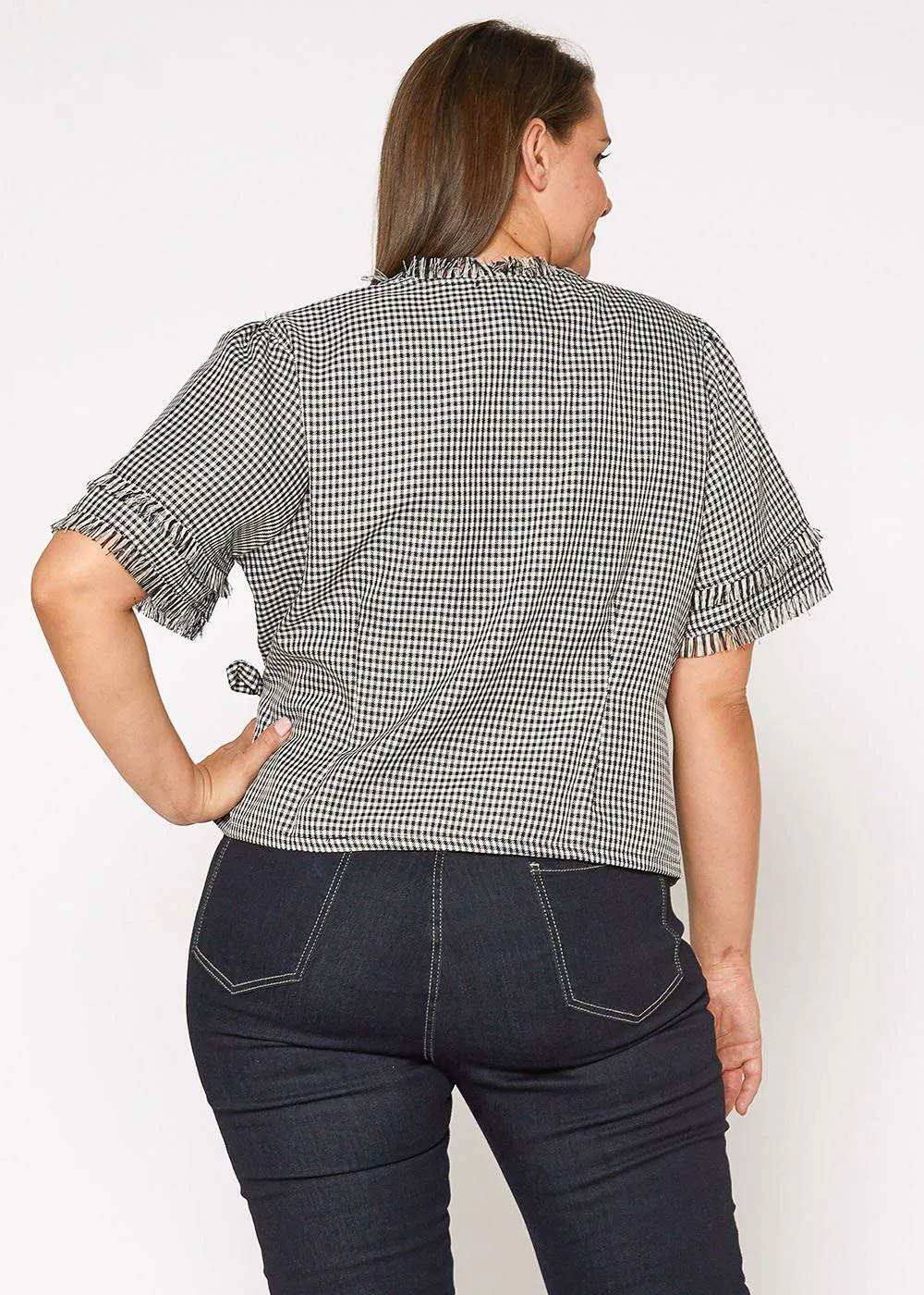 Plus Size Fringe Trim Wrap Blouse in Black Gingham