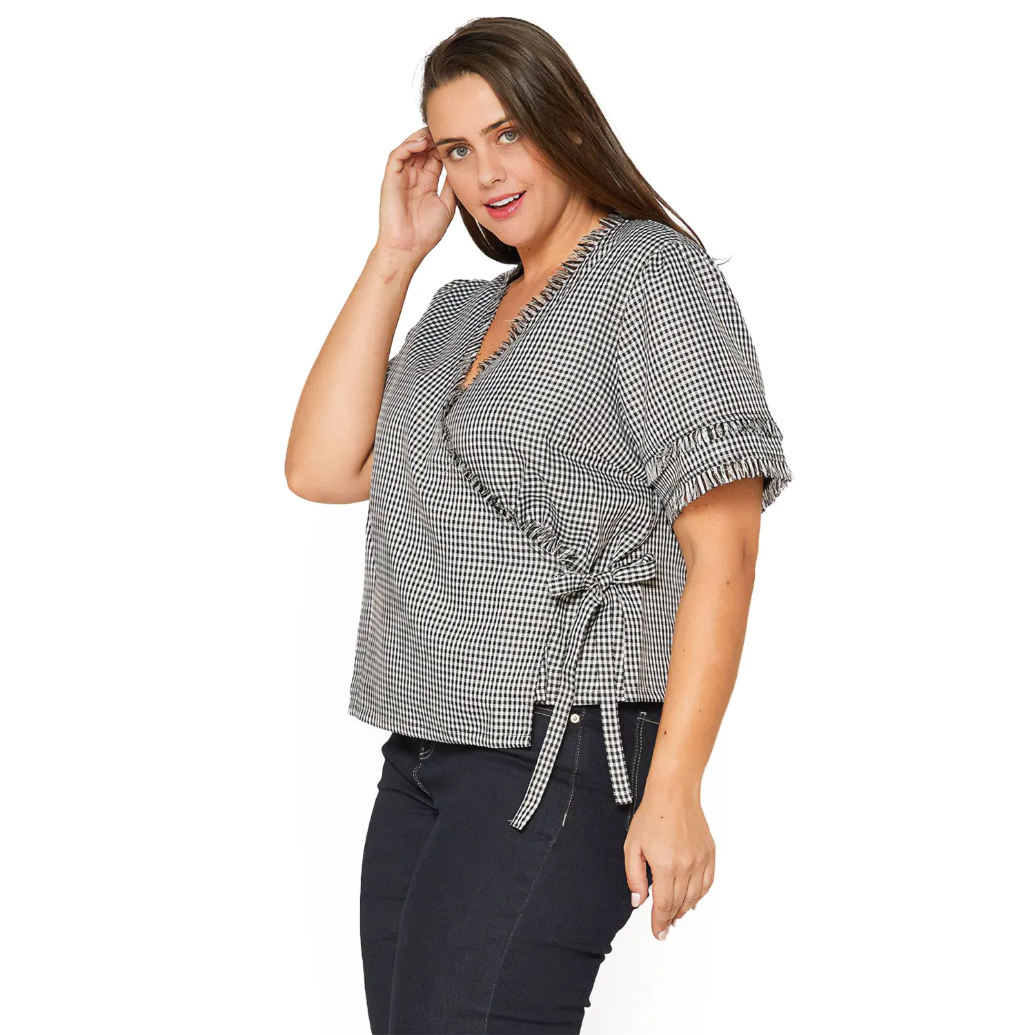 Plus Size Fringe Trim Wrap Blouse in Black Gingham