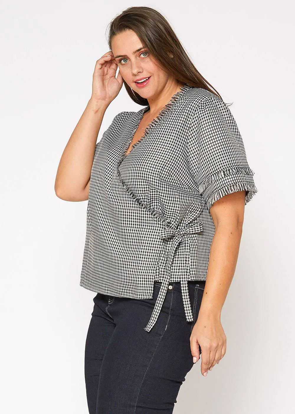 Plus Size Fringe Trim Wrap Blouse in Black Gingham