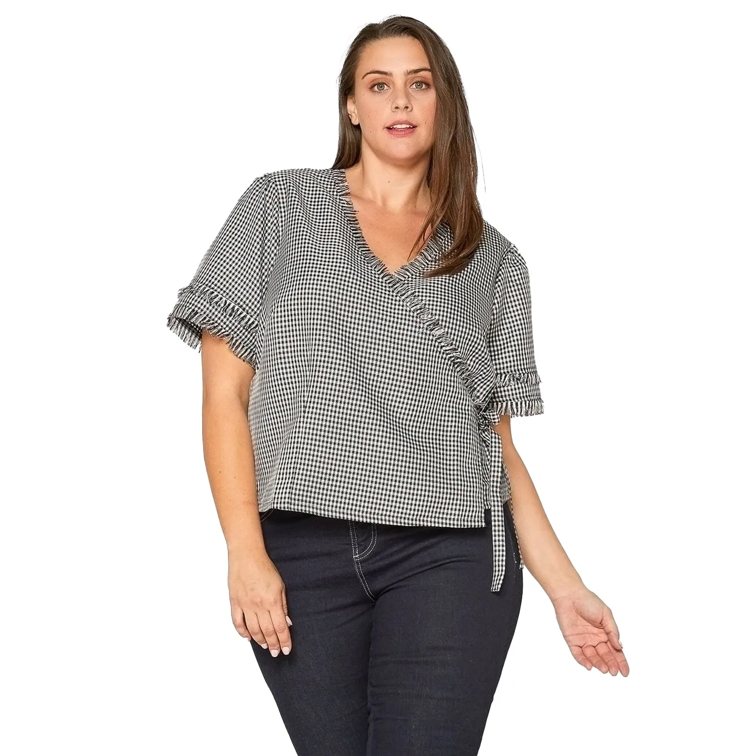 Plus Size Fringe Trim Wrap Blouse in Black Gingham