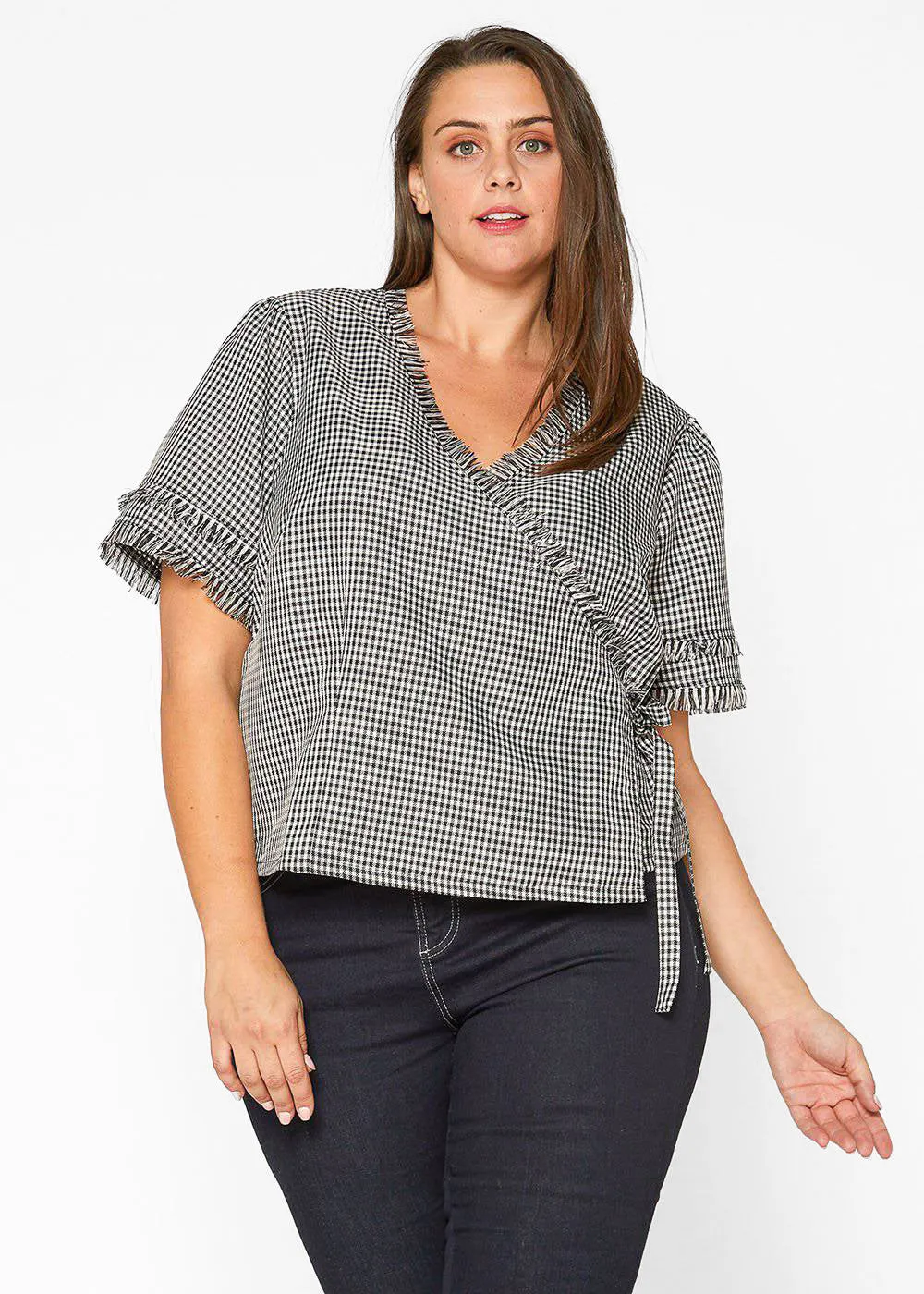 Plus Size Fringe Trim Wrap Blouse in Black Gingham