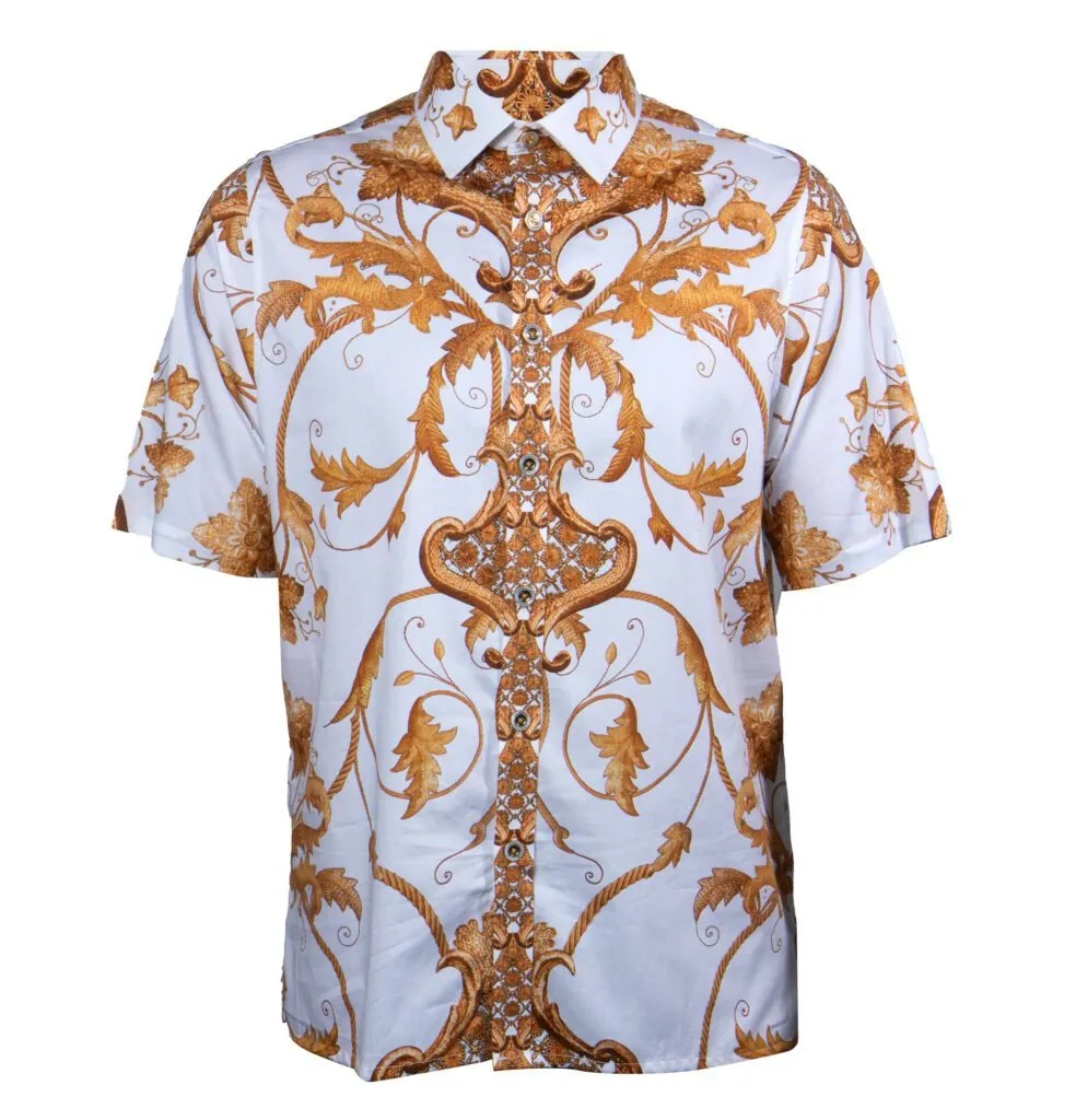 Prestige White Royal Gold Leaf Short Sleeve Button Up Shirt