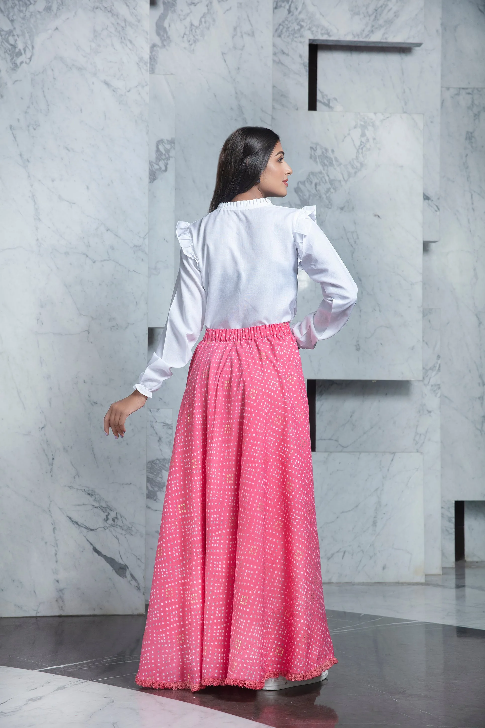 Readymade Pink Bandhni Printed Crepe Indo Western Skirt With White Top