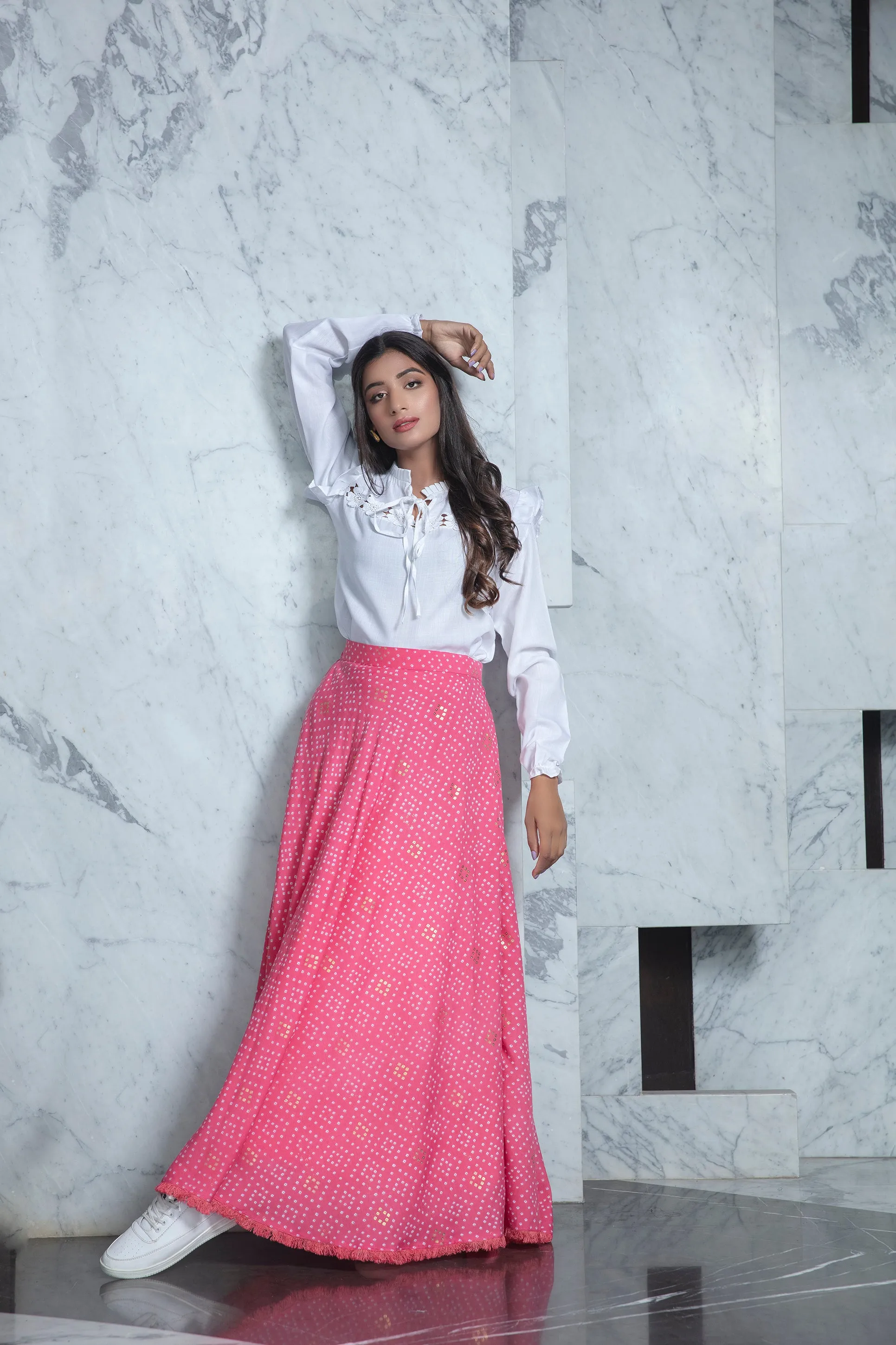 Readymade Pink Bandhni Printed Crepe Indo Western Skirt With White Top