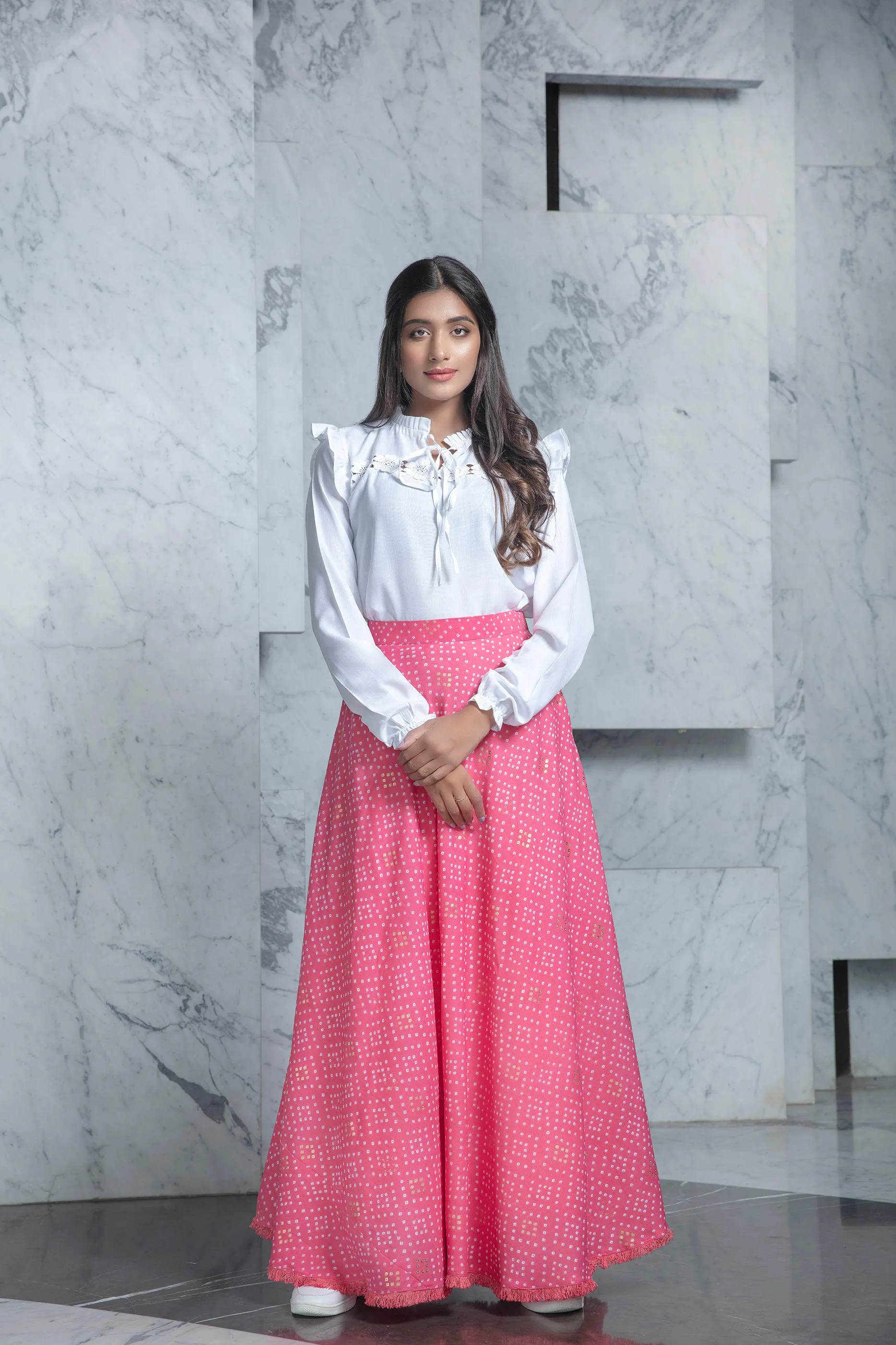 Readymade Pink Bandhni Printed Crepe Indo Western Skirt With White Top