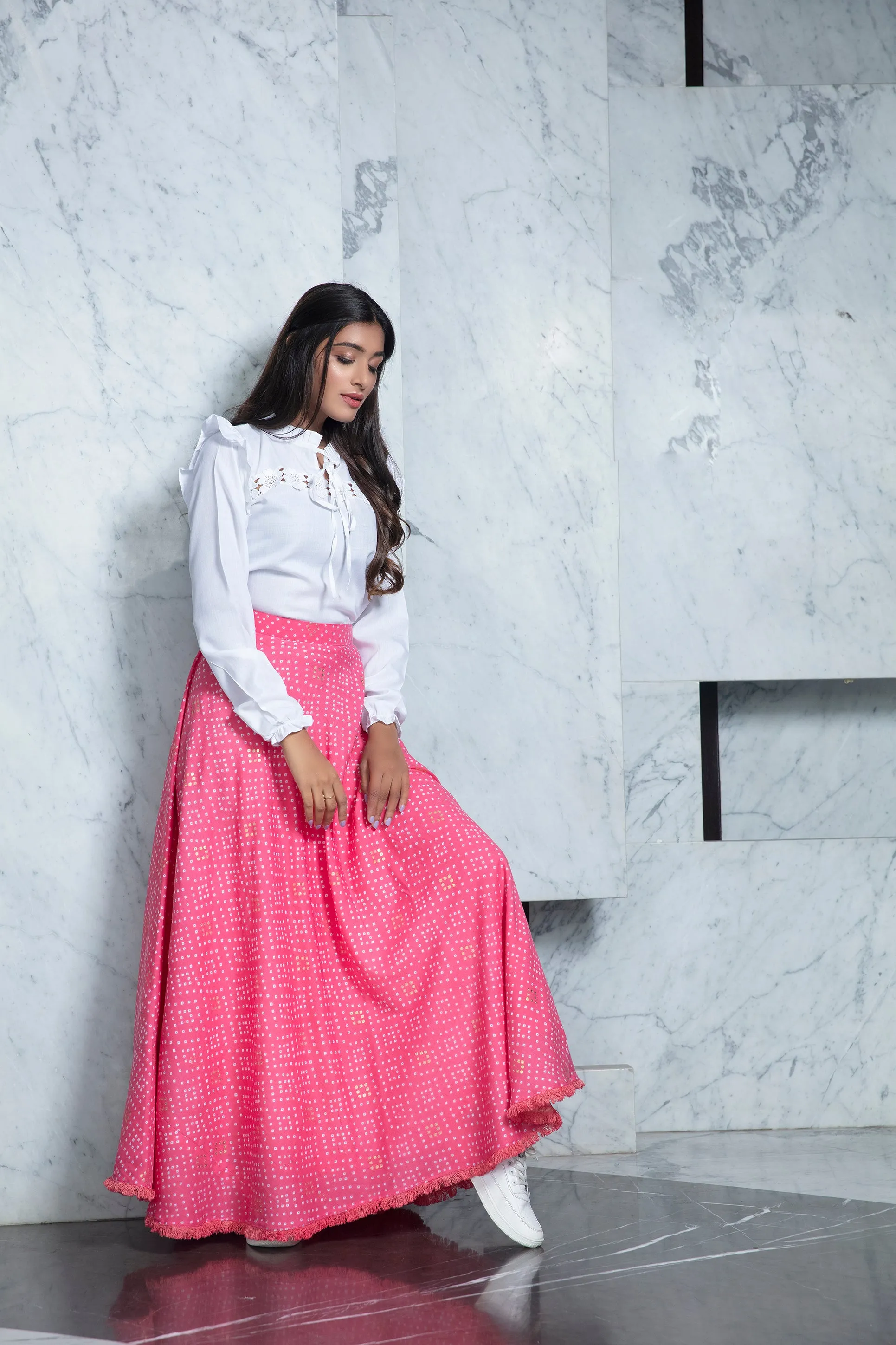 Readymade Pink Bandhni Printed Crepe Indo Western Skirt With White Top