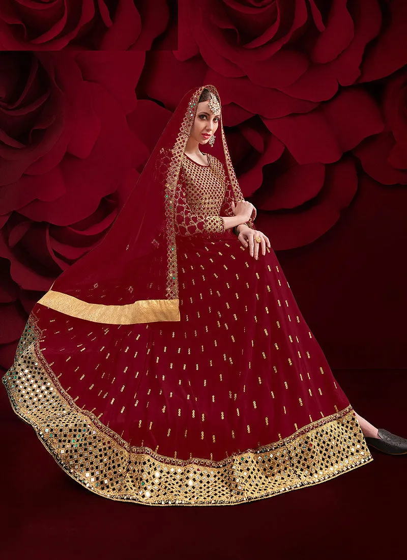 Red Golden Mirror Work Slit Style Anarkali Pant Suit