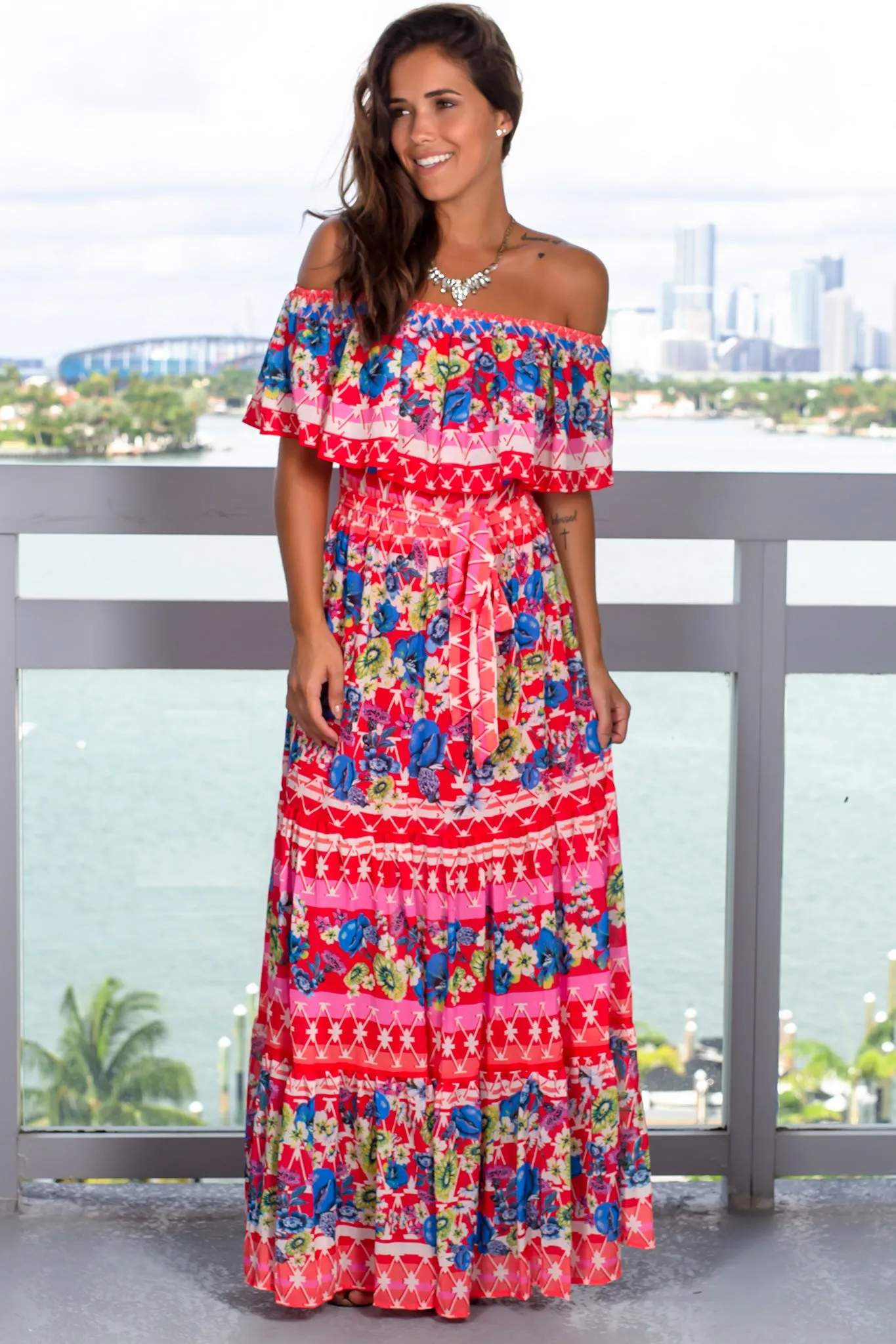 Red Printed Off Shoulder Maxi Dress