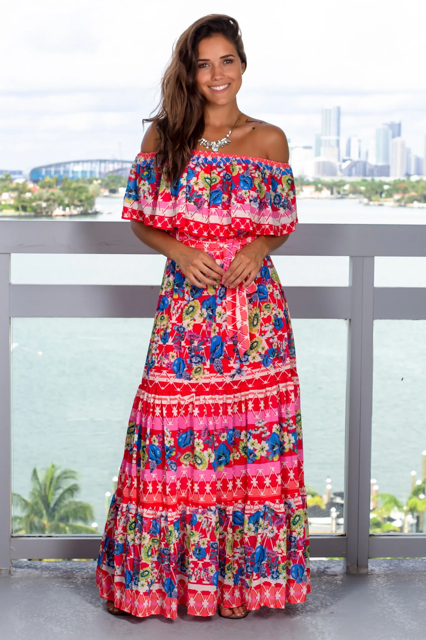 Red Printed Off Shoulder Maxi Dress