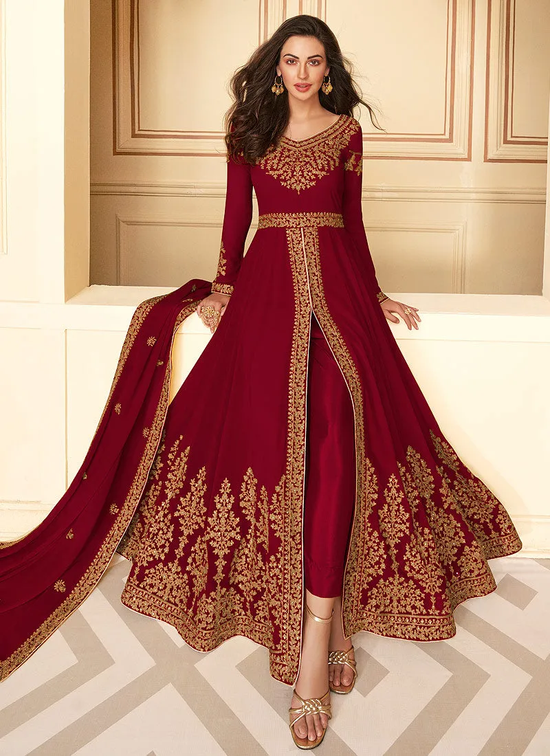 Red Slit Style Zari Embroidered Anarkali Pants Suit