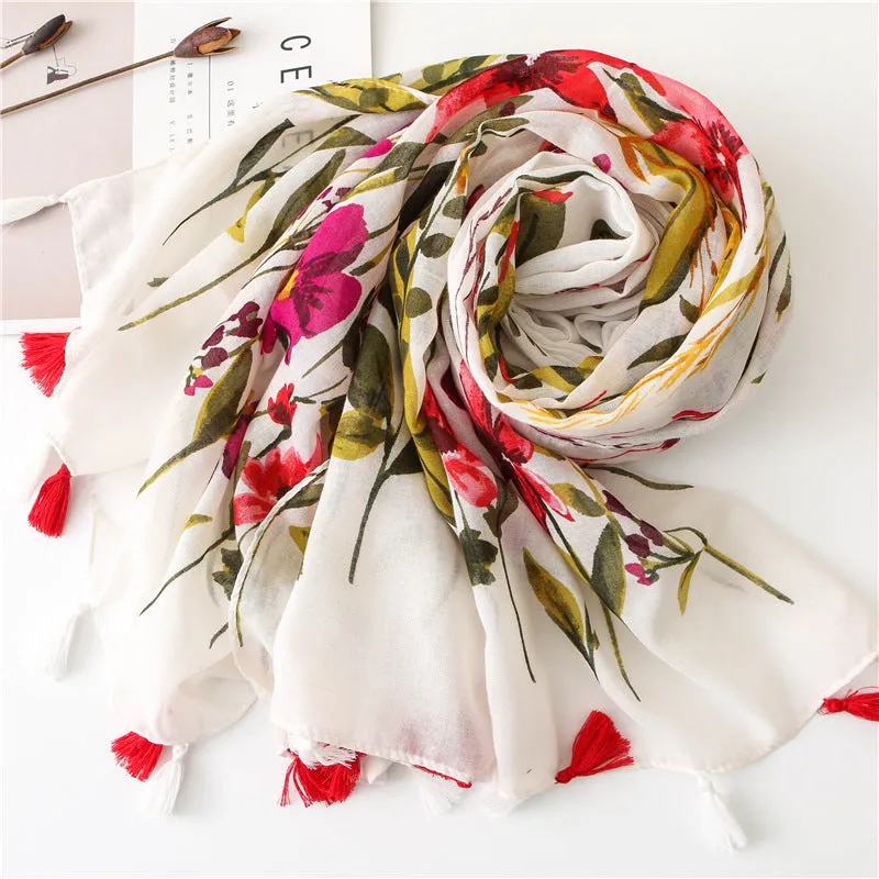 Retro flowers cotton and linen tassel scarf, silk scarf shawl, women's national wind beach