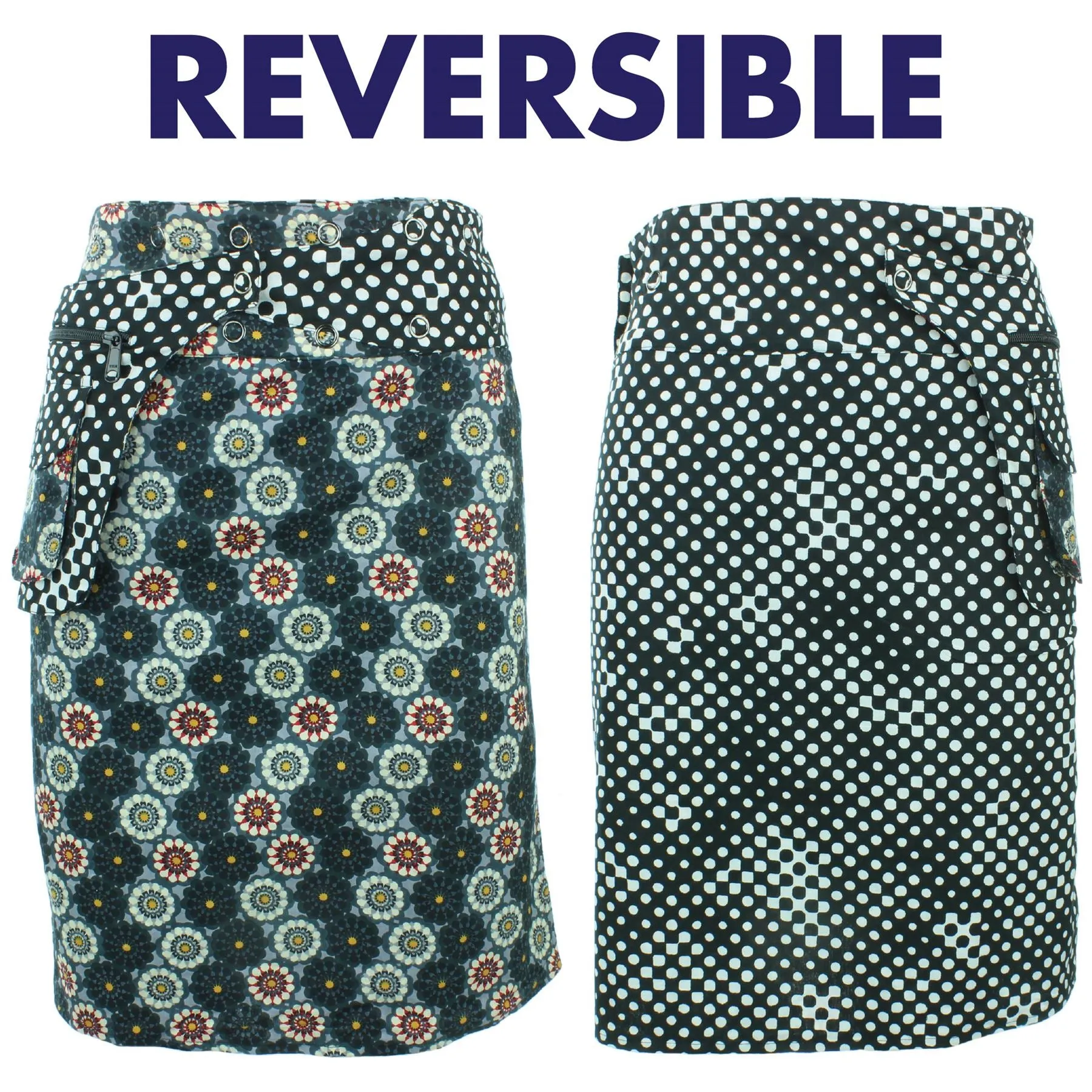 Reversible Popper Wrap Knee Length Skirt - Kaleidoscope / Mono Dots