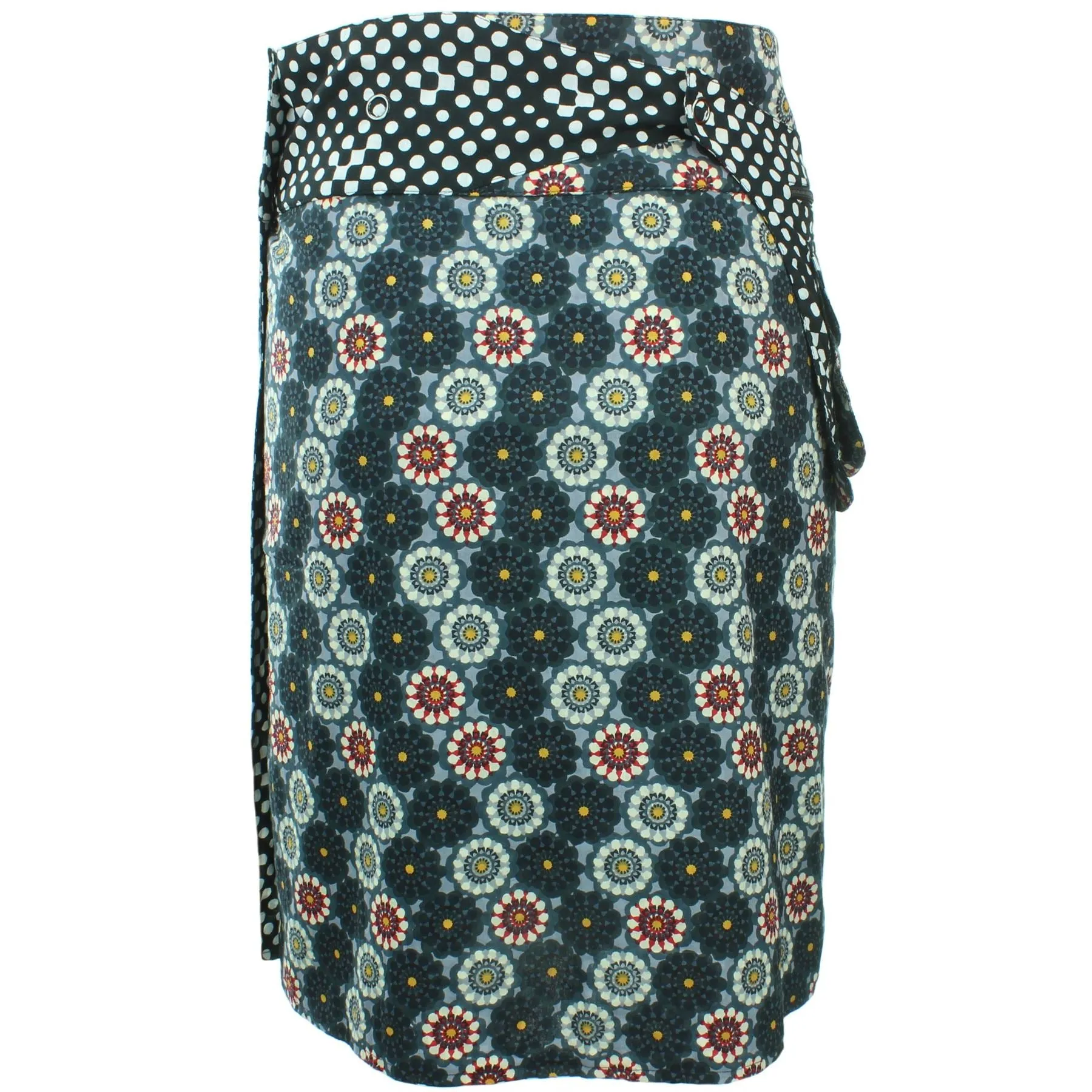 Reversible Popper Wrap Knee Length Skirt - Kaleidoscope / Mono Dots