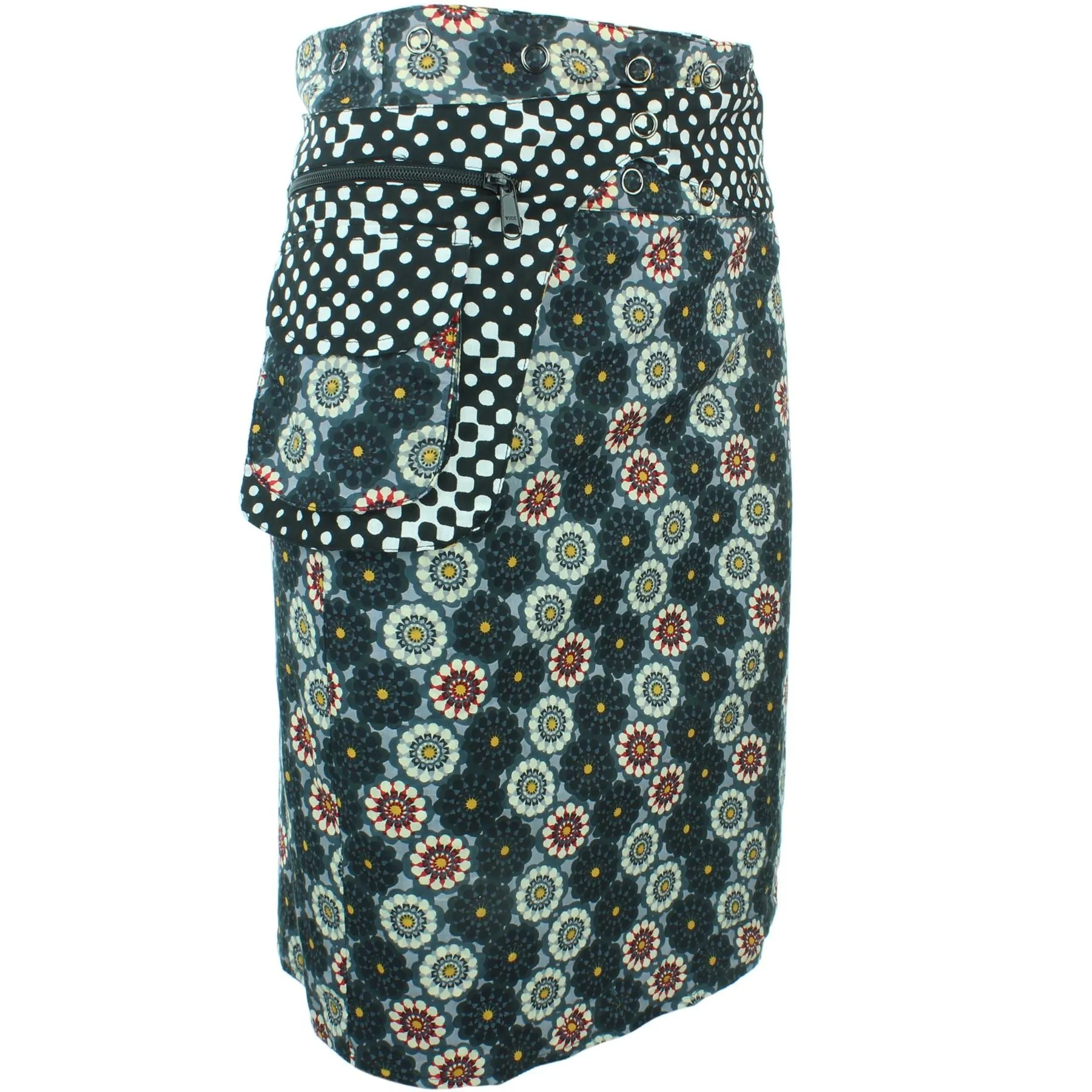 Reversible Popper Wrap Knee Length Skirt - Kaleidoscope / Mono Dots