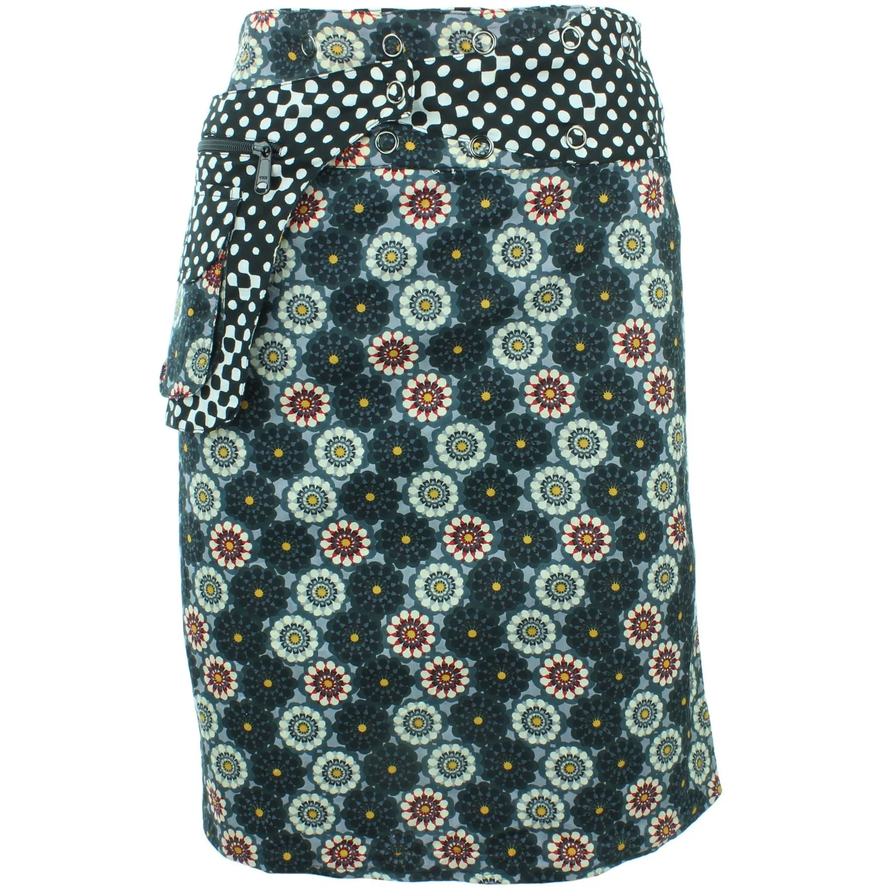 Reversible Popper Wrap Knee Length Skirt - Kaleidoscope / Mono Dots