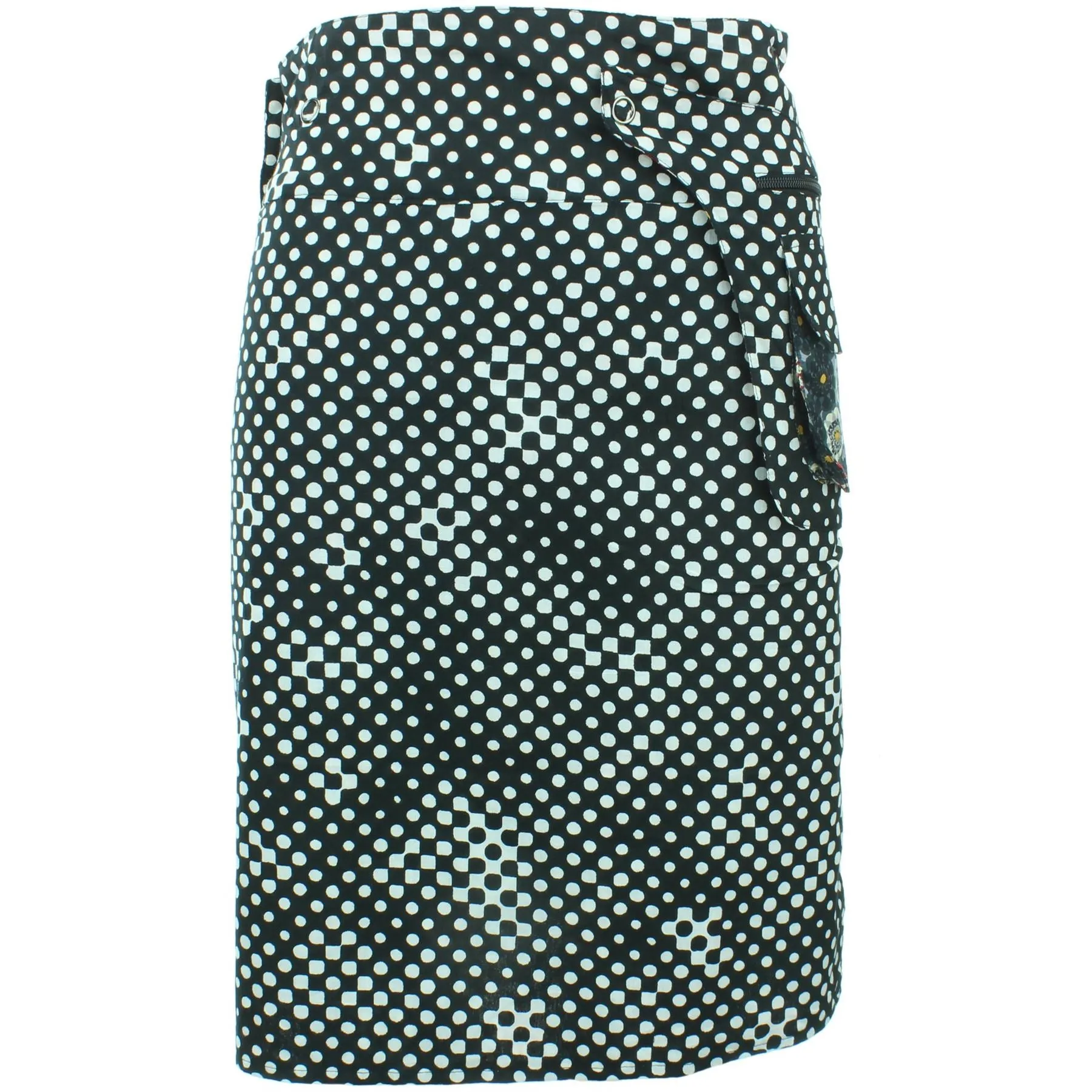 Reversible Popper Wrap Knee Length Skirt - Kaleidoscope / Mono Dots