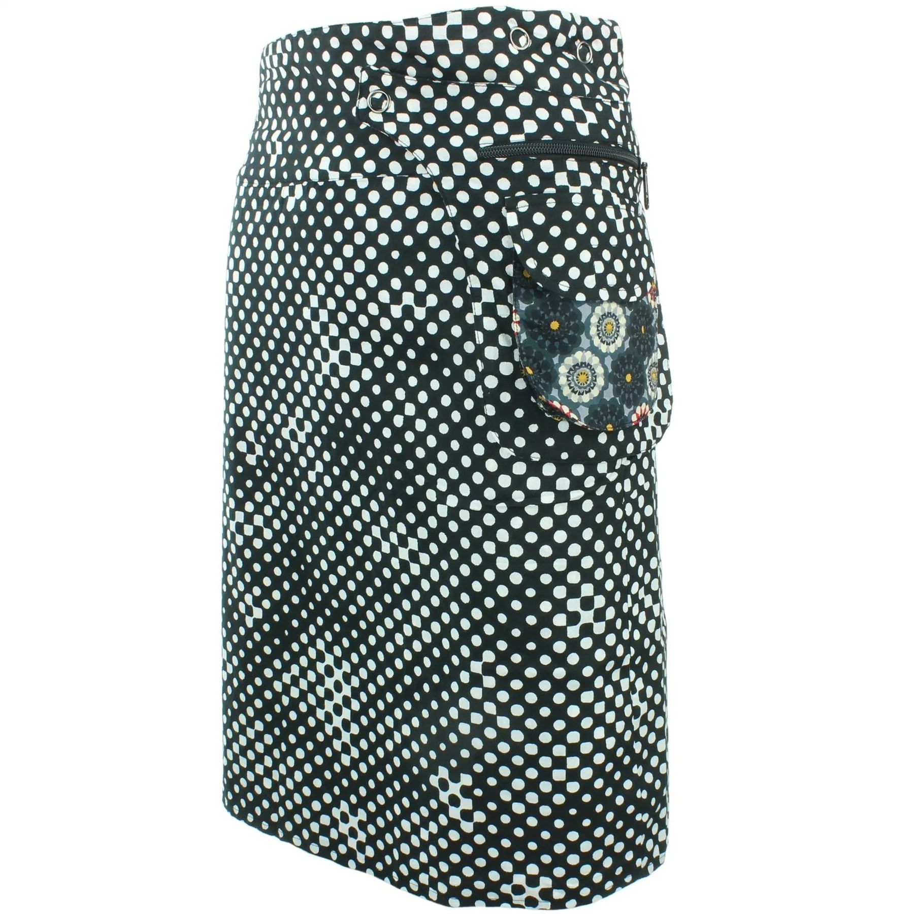 Reversible Popper Wrap Knee Length Skirt - Kaleidoscope / Mono Dots