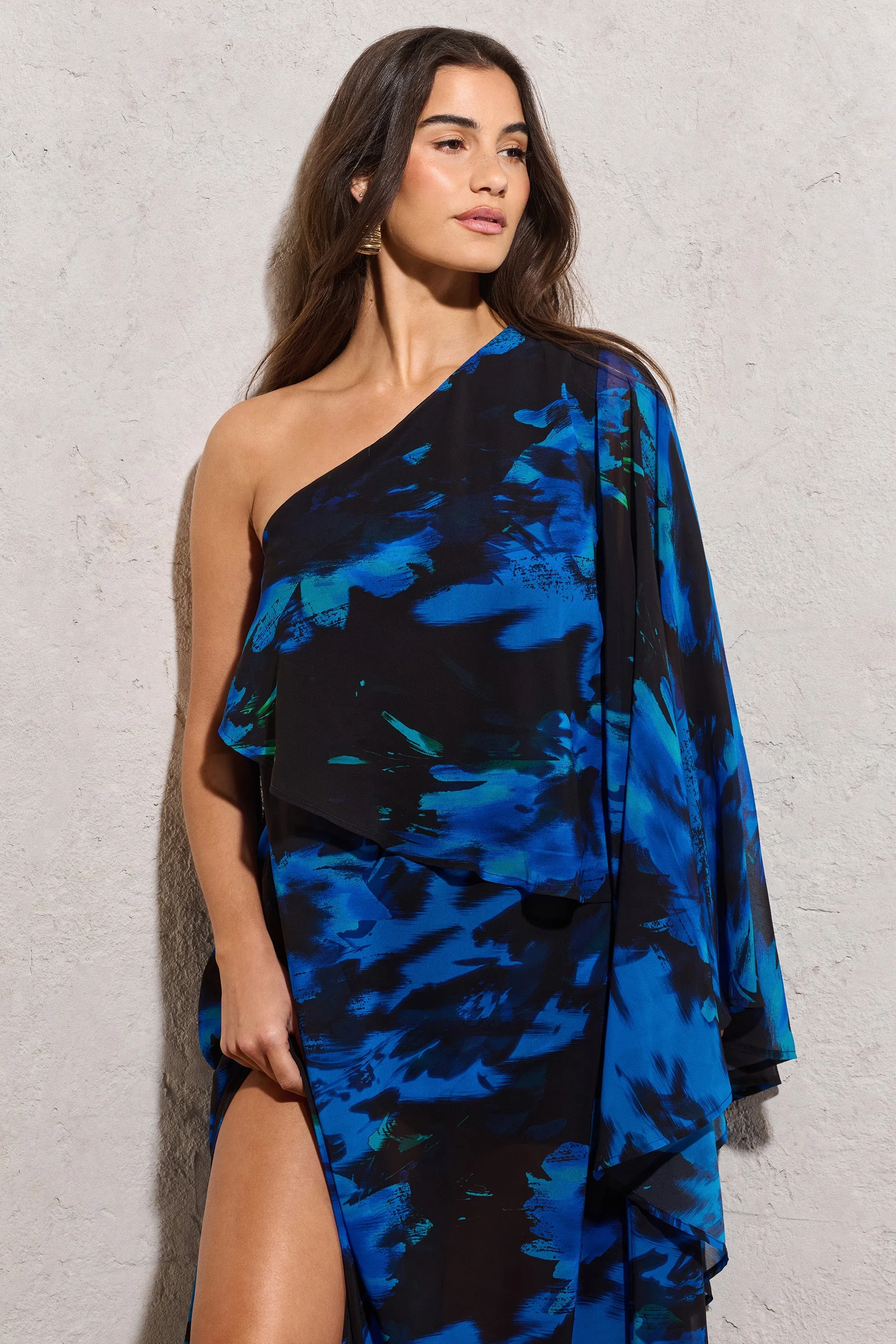 Ripple | Navy Floral Print Chiffon Oversized Asymmetric Maxi Dress