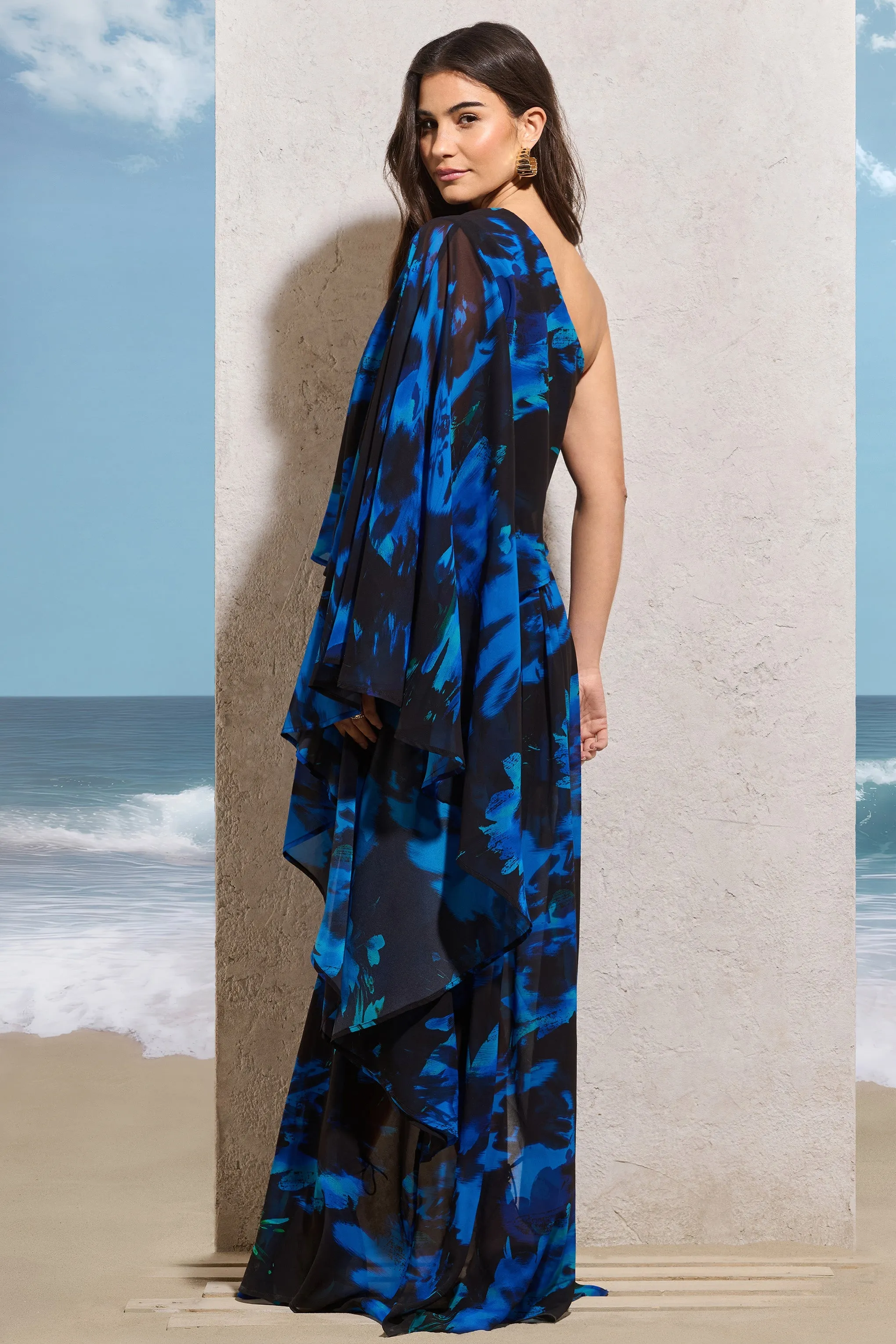 Ripple | Navy Floral Print Chiffon Oversized Asymmetric Maxi Dress