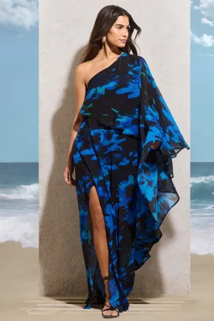 Ripple | Navy Floral Print Chiffon Oversized Asymmetric Maxi Dress