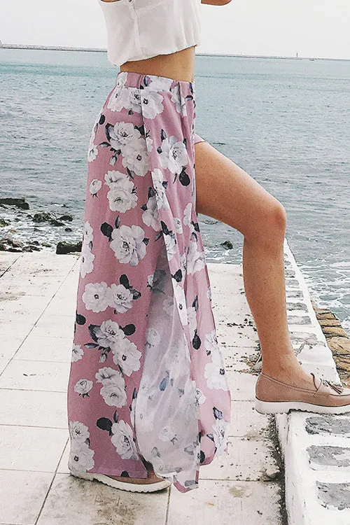 Rose Print High-slit Pants