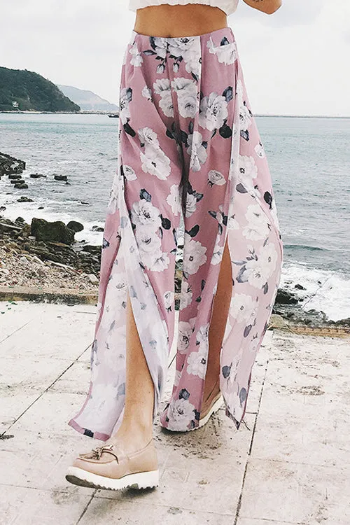 Rose Print High-slit Pants