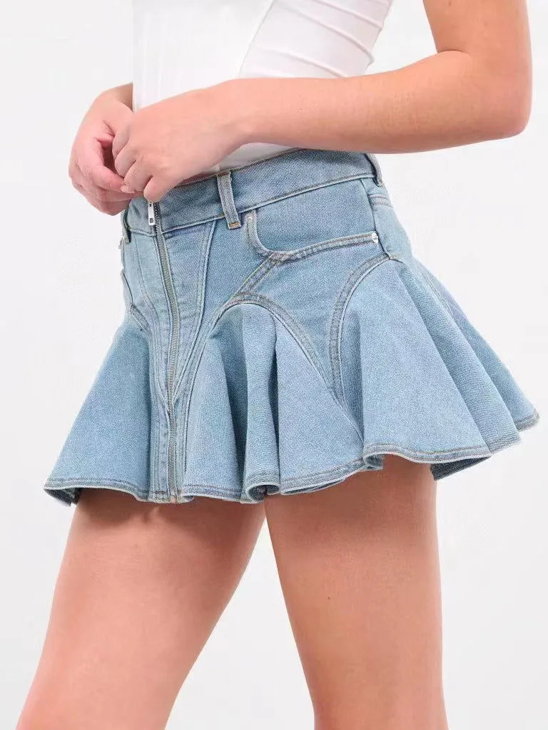 Ruffled Stitching Washed Elastic Denim Umbrella Shaped Skirt Women Skirt