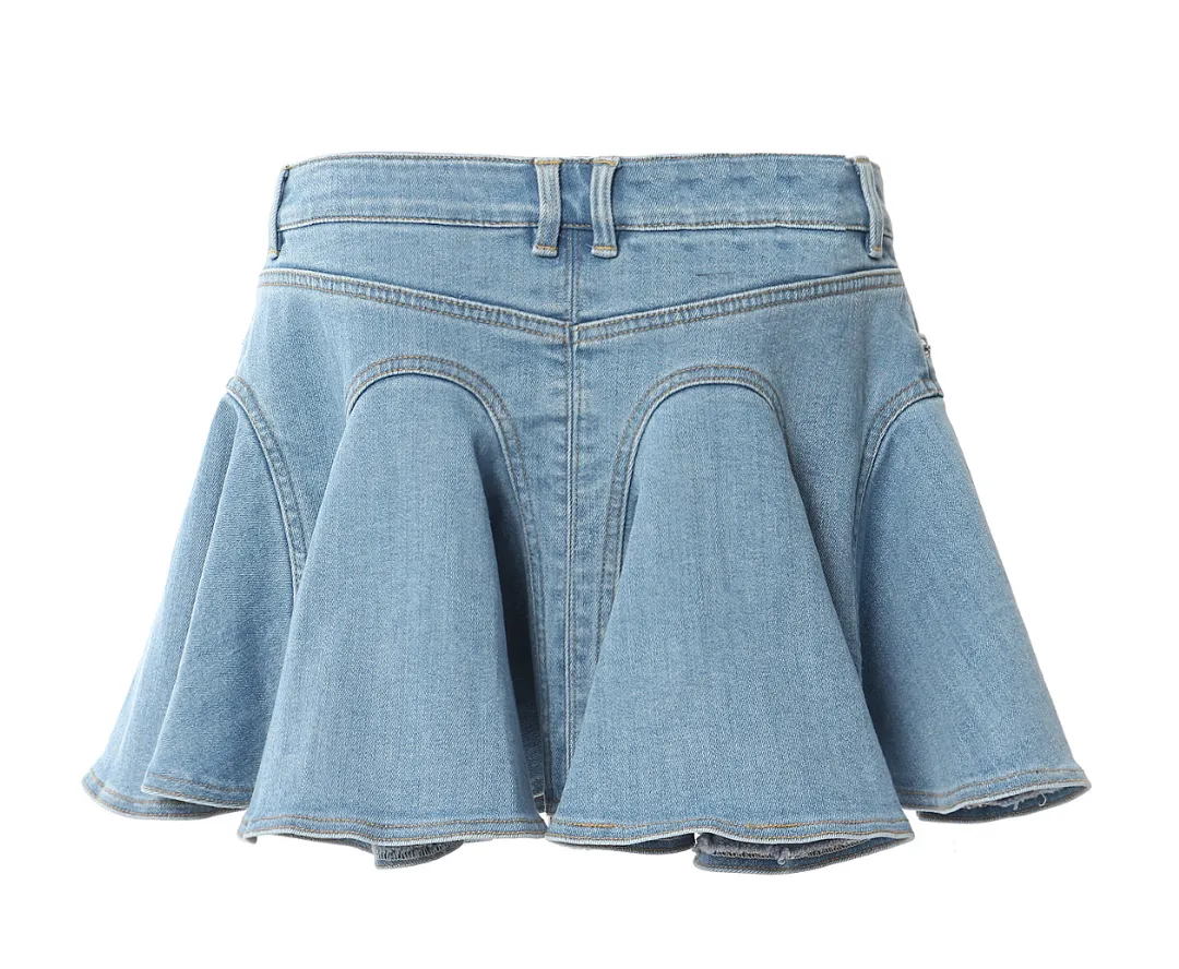 Ruffled Stitching Washed Elastic Denim Umbrella Shaped Skirt Women Skirt