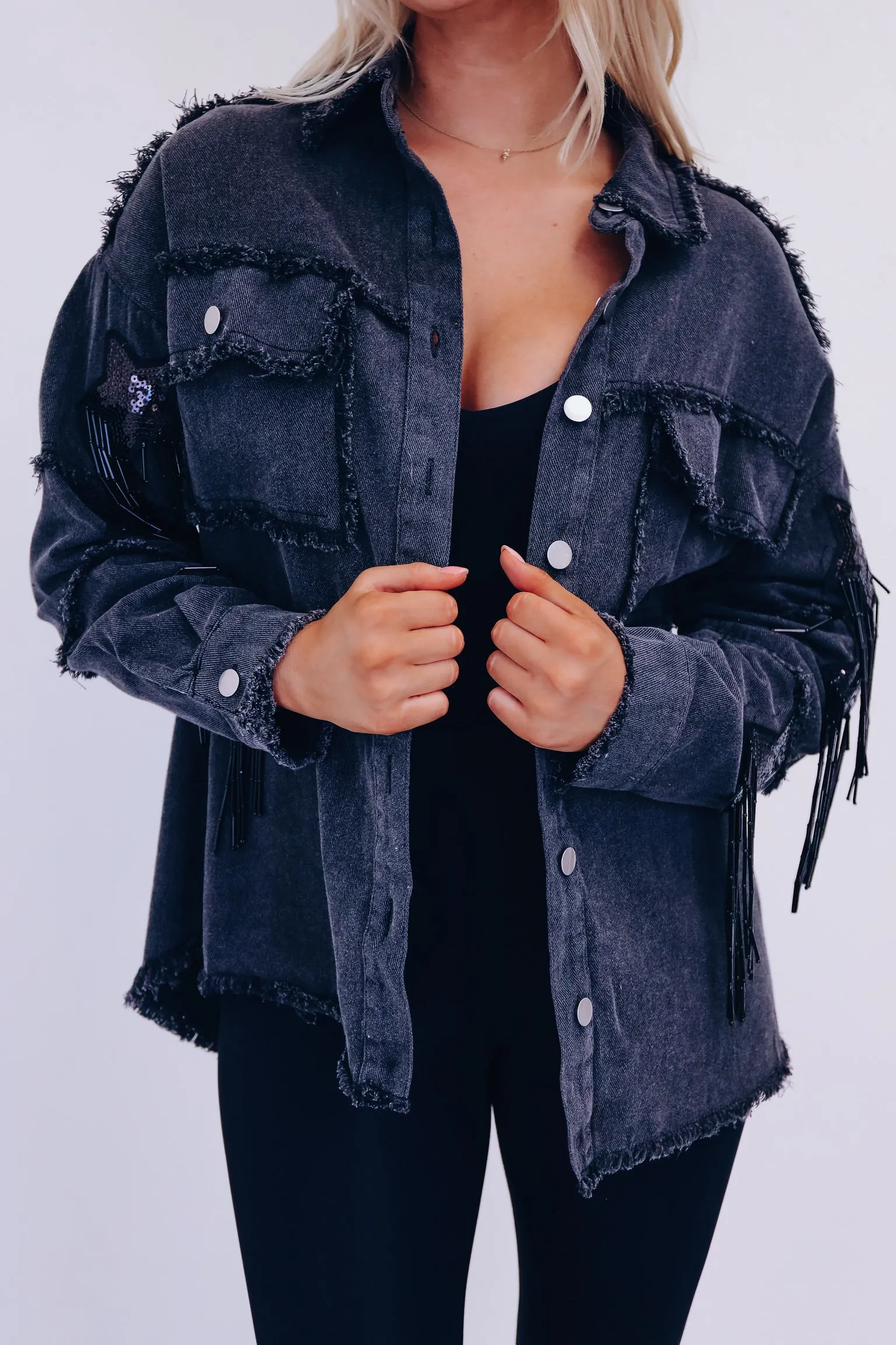 Sassy Star Fringe Denim Shacket - Black