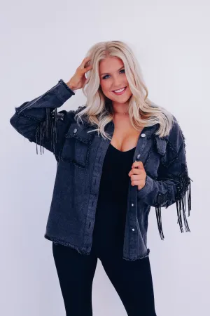 Sassy Star Fringe Denim Shacket - Black