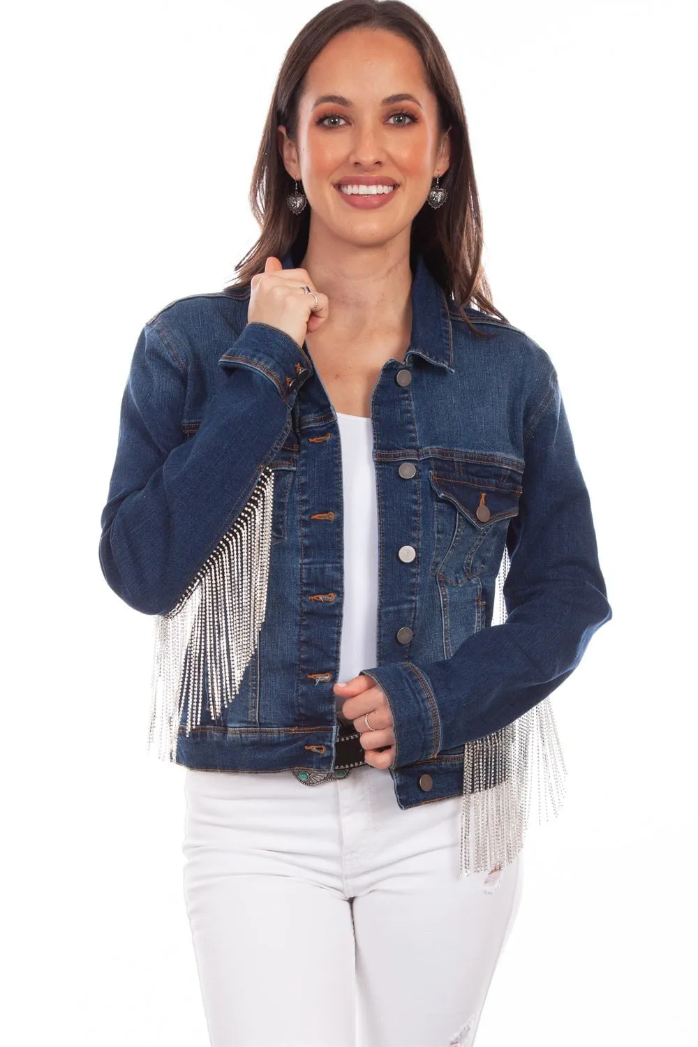 Scully Womens Denim Cotton Blend Rhinestone Fringe Jacket