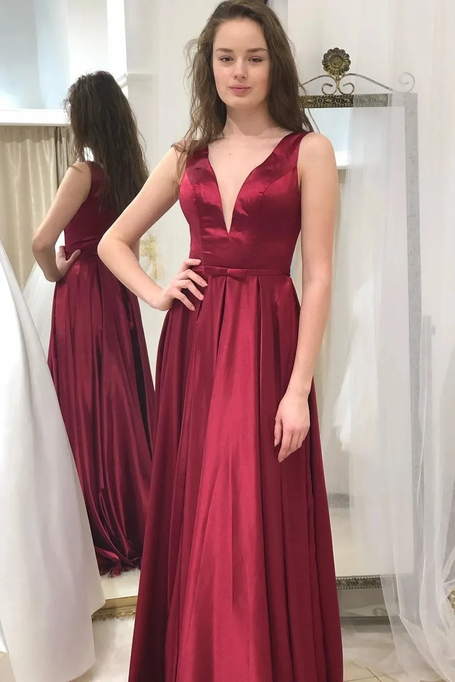 Simple A Line V Neck Burgundy Long Prom Dress, V Neck Burgundy Formal Graduation Evening Dress