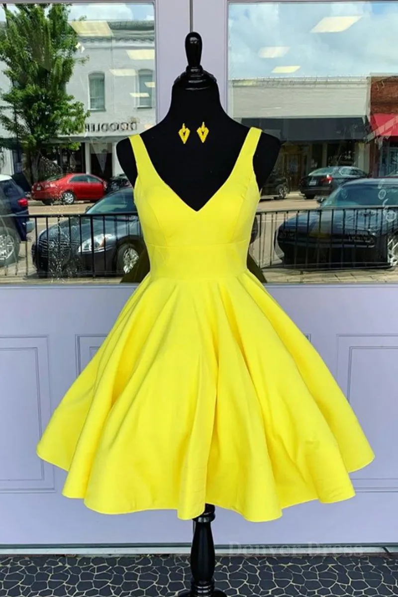 Simple V Neck Yellow Short Prom Dress V Neck Yellow Homecoming Dress Yellow Graduation Formal Evening Dress