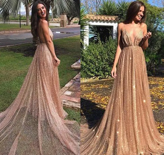 Sparkly V Neck Spaghetti Straps Backless Long Prom Dresses, Backless Formal Dresses, Evening Dresses