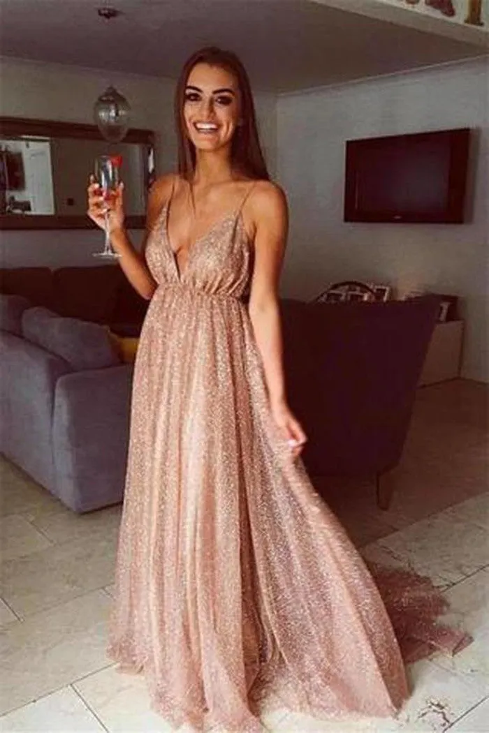 Sparkly V Neck Spaghetti Straps Backless Long Prom Dresses, Backless Formal Dresses, Evening Dresses