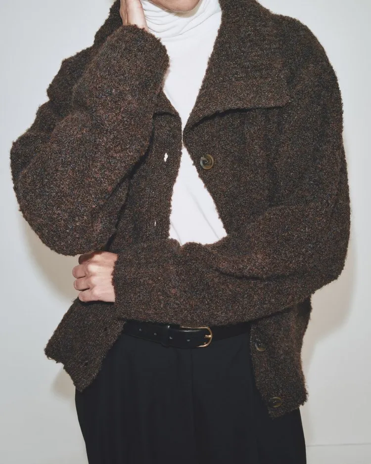 Spread Collar Boucle Cardigan | Brown