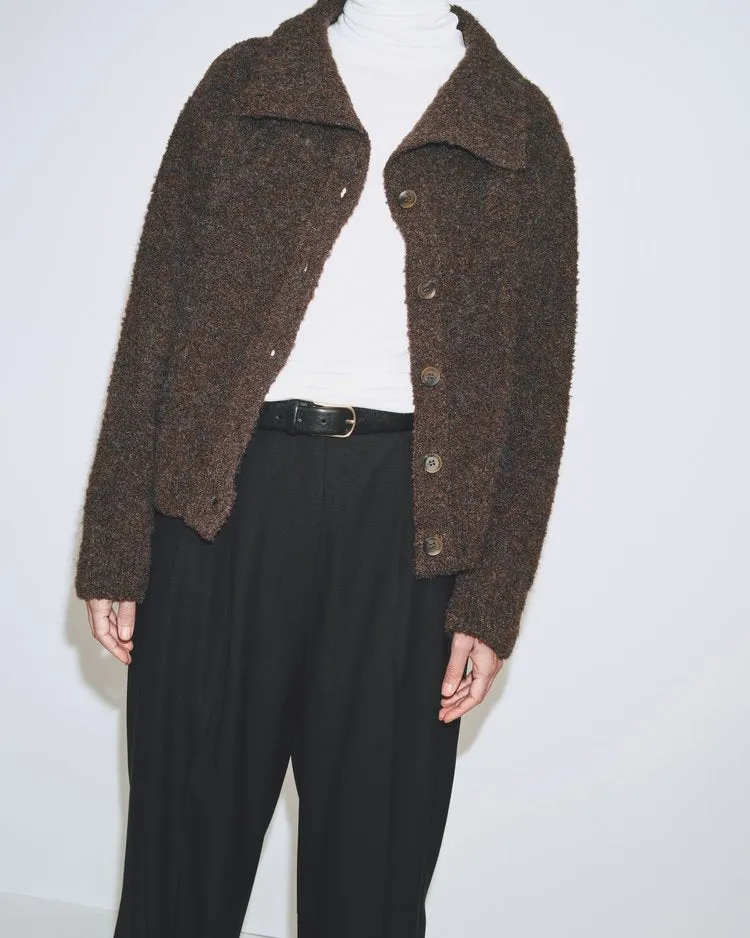 Spread Collar Boucle Cardigan | Brown